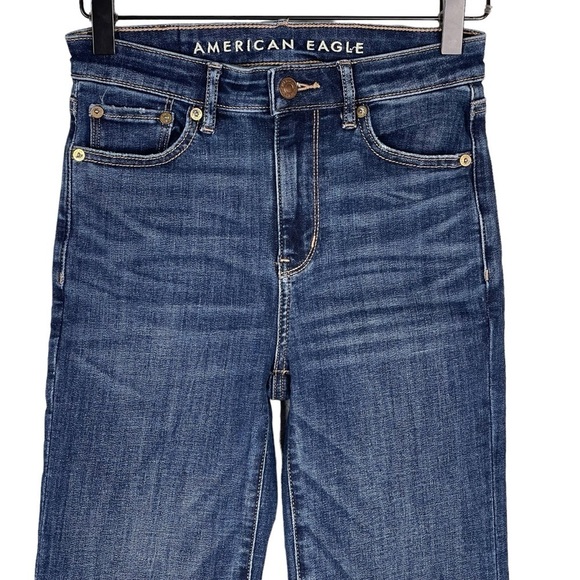 American Eagle Super Hi Rise Flare Jeans 0 SHORT Split Hem Stretch Denim Boho - Picture 2 of 9